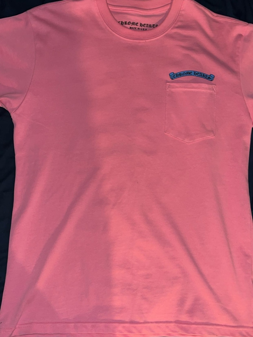 Chrome Hearts Pink Tee with Blue Chest Logo